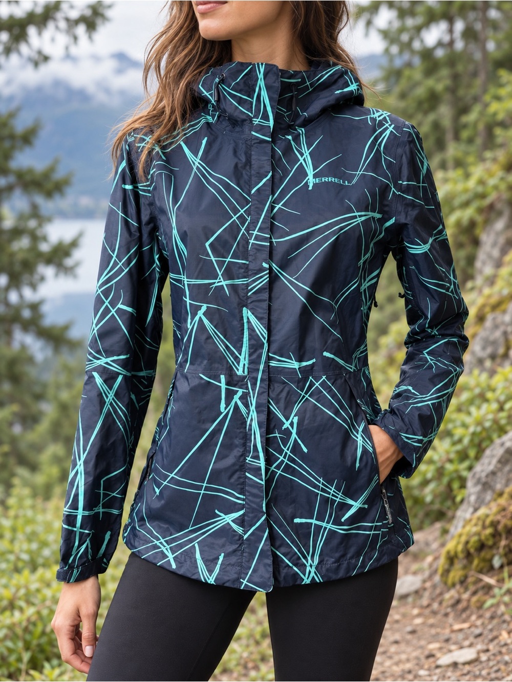Merrell Womens XS Lightweight Hooded Navy Abstract Print Rain Jacket Windbreaker